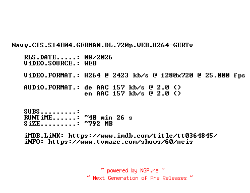NFO for the release Navy.CIS.S14E04.GERMAN.DL.720p.WEB.H264-GERTv by GERTv