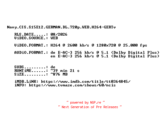 NFO for the release Navy.CIS.S15E12.GERMAN.DL.720p.WEB.H264-GERTv by GERTv