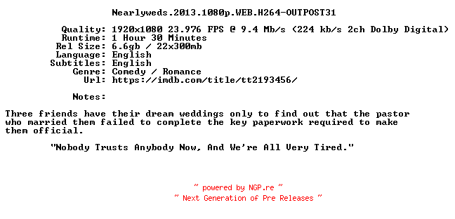 NFO for the release Nearlyweds.2013.1080p.WEB.H264-OUTPOST31 by OUTPOST31
