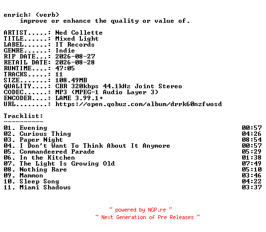 NFO for the release Ned_Collette-Mixed_Light-WEB-2026-ENRiCH by ENRiCH