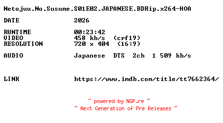 NFO for the release Netojuu.No.Susume.S01E02.JAPANESE.BDRip.x264-HOA by HOA
