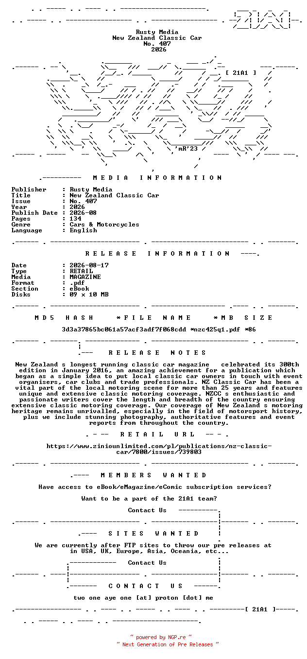 NFO for the release New.Zealand.Classic.Car.No.407.2026.RETAIL.MAGAZINE.eBook-21A1 by 21A1