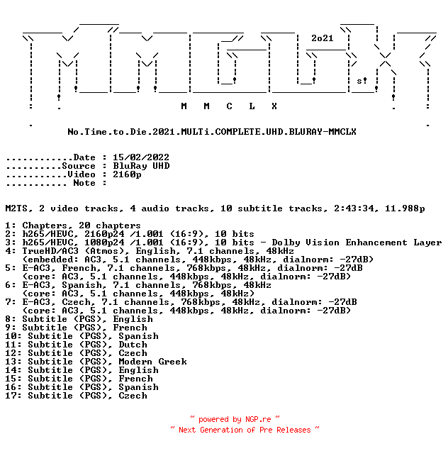 NFO for the release No.Time.to.Die.2021.MULTi.COMPLETE.UHD.BLURAY-MMCLX by MMCLX