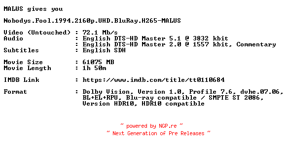 NFO for the release Nobodys.Fool.1994.2160p.UHD.BluRay.H265-MALUS by MALUS