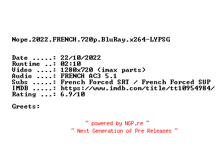 NFO for the release Nope.2022.FRENCH.720p.BluRay.x264-LYPSG by LYPSG