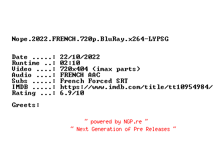 NFO for the release Nope.2022.FRENCH.BDRip.x264-LYPSG by LYPSG