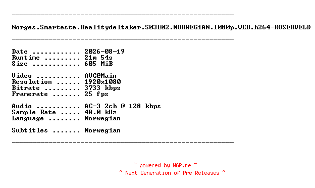 NFO for the release Norges.Smarteste.Realitydeltaker.S03E02.NORWEGiAN.1080p.WEB.h264-KOSEKVELD by KOSEKVELD