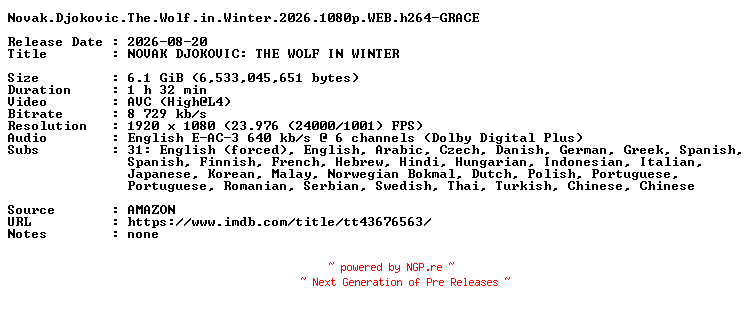 NFO for the release Novak.Djokovic.The.Wolf.in.Winter.2026.1080p.WEB.h264-GRACE by GRACE