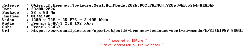NFO for the release Objectif.Brennus.Toulouse.Seul.Au.Monde.2026.DOC.FRENCH.720p.WEB.x264-HEADER by HEADER