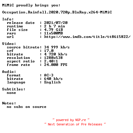 NFO for the release Occupation.Rainfall.2020.720p.BluRay.x264-MiMiC by MiMiC