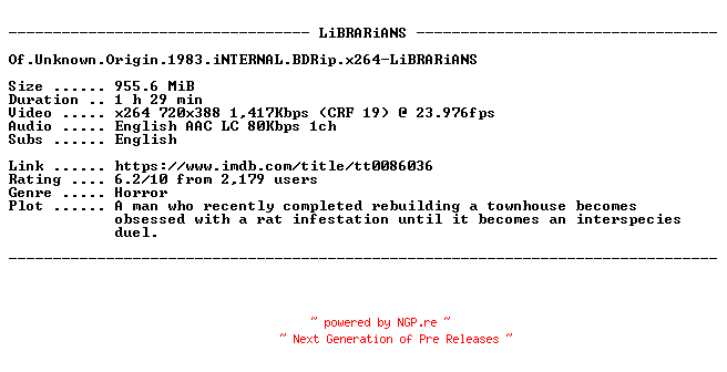 NFO for the release Of.Unknown.Origin.1983.iNTERNAL.BDRip.x264-LiBRARiANS by LiBRARiANS