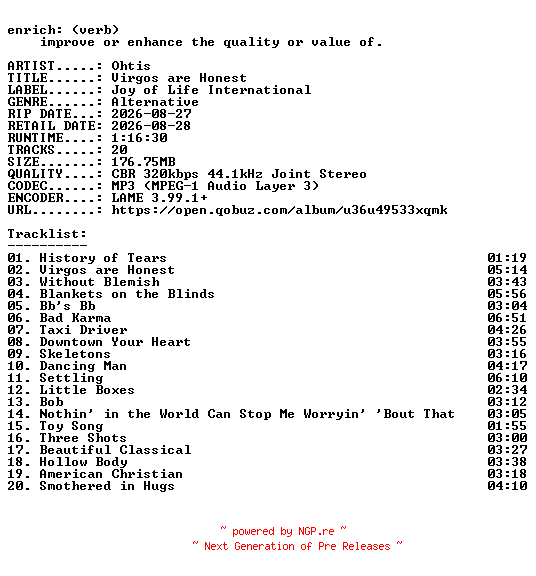 NFO for the release Ohtis-Virgos_are_Honest-WEB-2026-ENRiCH by ENRiCH