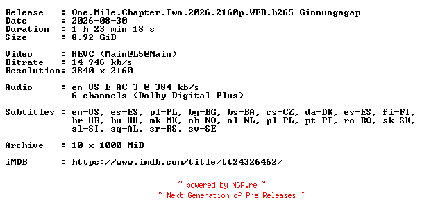 NFO for the release One.Mile.Chapter.Two.2026.2160p.WEB.h265-Ginnungagap by Ginnungagap