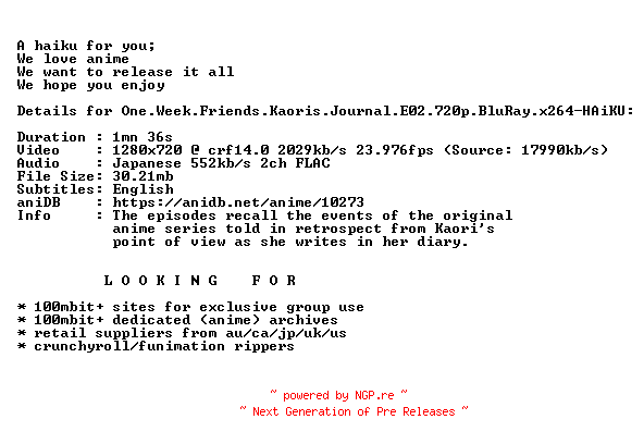 NFO for the release One.Week.Friends.Kaoris.Journal.E02.720p.BluRay.x264-HAiKU by HAiKU