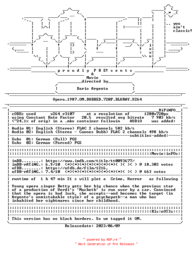 NFO for the release Opera.1987.OM.DUBBED.720P.BLURAY.X264-WATCHABLE by WATCHABLE