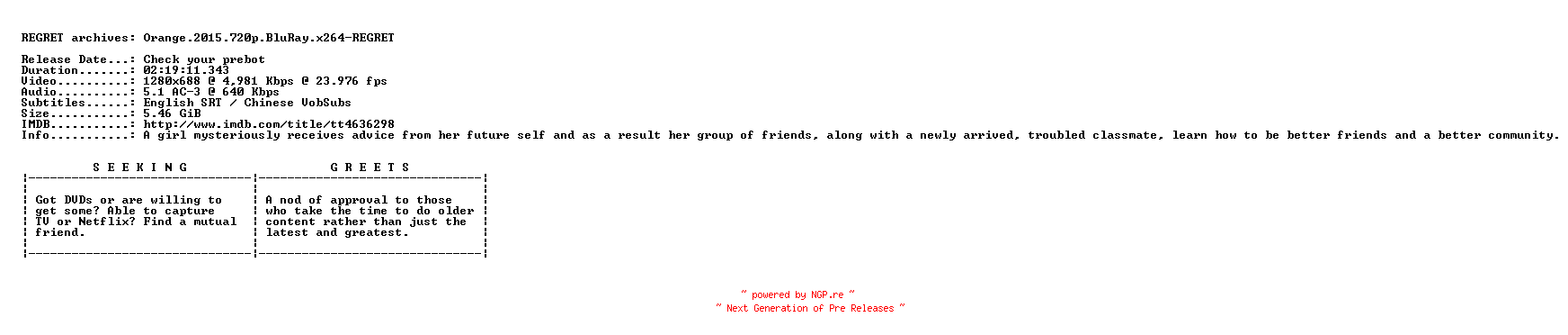 NFO for the release Orange.2015.720p.BluRay.x264-REGRET by REGRET