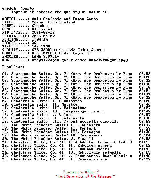 NFO for the release Oulu_Sinfonia_and_Rumon_Gamba-Scenes_from_Finland-WEB-2026-ENRiCH by ENRiCH