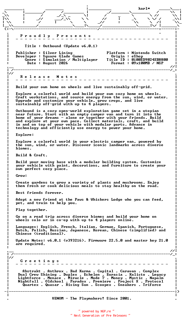 NFO for the release Outbound_Update_v6.0.1_NSW-VENOM by VENOM