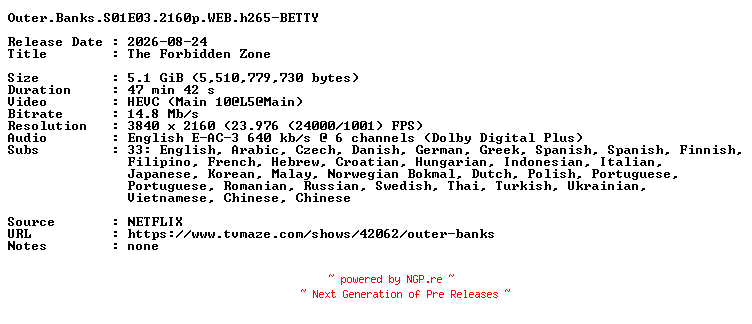 NFO for the release Outer.Banks.S01E03.2160p.WEB.h265-BETTY by BETTY