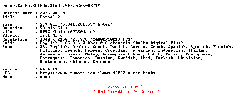 NFO for the release Outer.Banks.S01E06.2160p.WEB.h265-BETTY by BETTY
