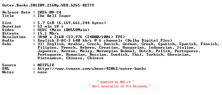 NFO for the release Outer.Banks.S01E09.2160p.WEB.h265-BETTY by BETTY
