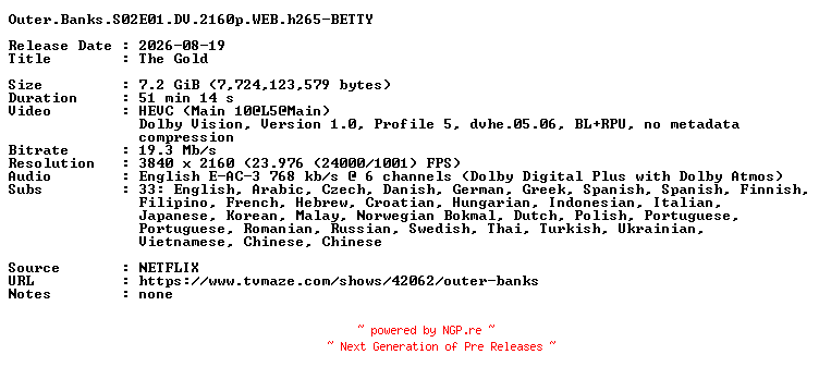 NFO for the release Outer.Banks.S02E01.DV.2160p.WEB.h265-BETTY by BETTY