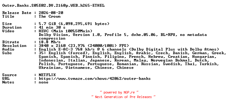 NFO for the release Outer.Banks.S05E02.DV.2160p.WEB.h265-ETHEL by ETHEL