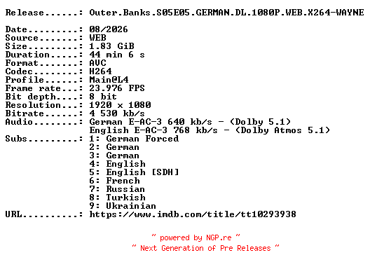 NFO for the release Outer.Banks.S05E05.GERMAN.DL.1080P.WEB.X264-WAYNE by WAYNE
