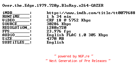NFO for the release Over.the.Edge.1979.720p.BluRay.x264-GAZER by GAZER