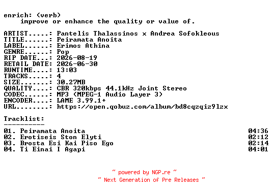 NFO for the release Pantelis_Thalassinos_x_Andrea_Sofokleous-Peiramata_Anoita-EP-WEB-GR-2026-ENRiCH by ENRiCH