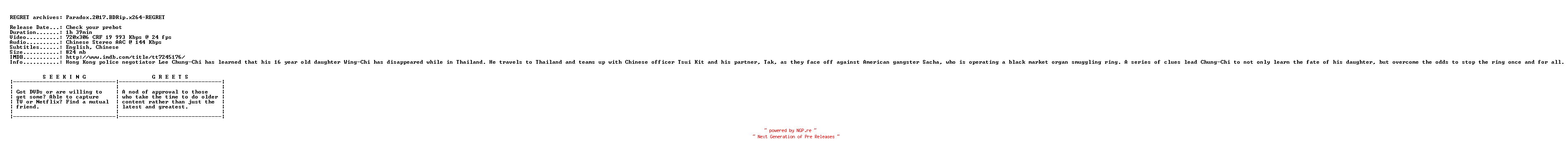 NFO for the release Paradox.2017.BDRip.x264-REGRET by REGRET