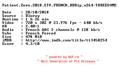 NFO for the release Patient.Zero.2018.STV.FRENCH.BDRip.x264-THREESOME by THREESOME