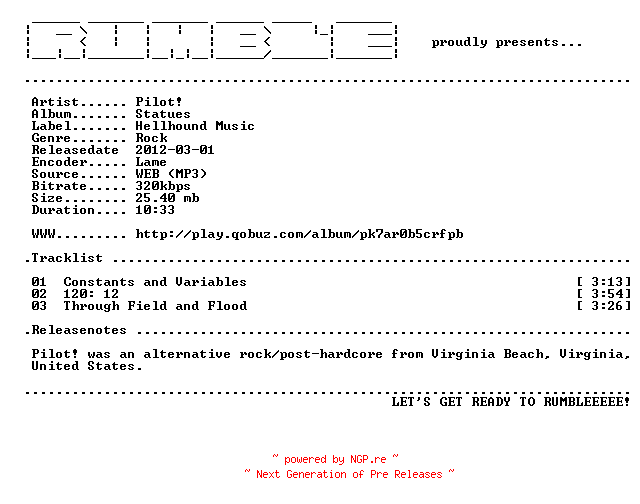NFO for the release Pilot-Statues-EP-(WEB)-2012-RUMBLE by RUMBLE