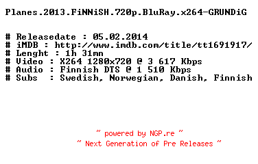 NFO for the release Planes.2013.FiNNiSH.720p.BluRay.x264-GRUNDiG by GRUNDiG