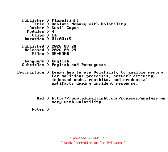 NFO for the release Pluralsight.Analyze.Memory.with.Volatility.2026.BOOKWARE-GETH by GETH