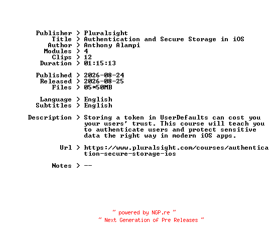 NFO for the release Pluralsight.Authentication.and.Secure.Storage.in.iOS.2026.BOOKWARE-GETH by GETH