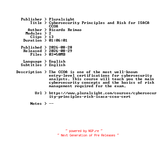 NFO for the release Pluralsight.Cybersecurity.Principles.and.Risk.for.ISACA.CCOA.2026.BOOKWARE-GETH by GETH