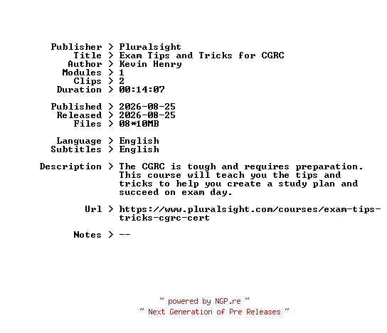 NFO for the release Pluralsight.Exam.Tips.and.Tricks.for.CGRC.2026.BOOKWARE-GETH by GETH