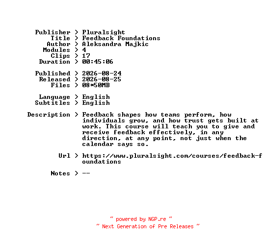 NFO for the release Pluralsight.Feedback.Foundations.2026.BOOKWARE-GETH by GETH