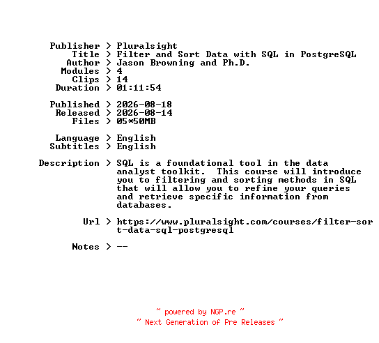 NFO for the release Pluralsight.Filter.and.Sort.Data.with.SQL.in.PostgreSQL.2026.BOOKWARE-GETH by GETH