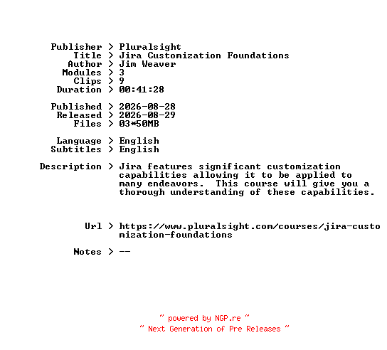 NFO for the release Pluralsight.Jira.Customization.Foundations.2026.BOOKWARE-GETH by GETH