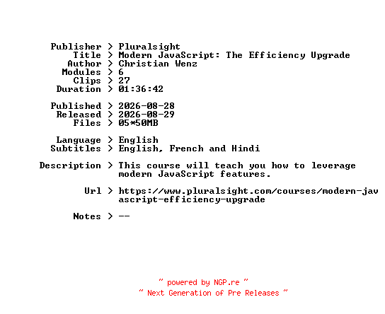 NFO for the release Pluralsight.Modern.JavaScript.The.Efficiency.Upgrade.2026.BOOKWARE-GETH by GETH