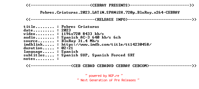 NFO for the release Pobres.Criaturas.2023.LATiN.SPANiSH.720p.BluRay.x264-CEBRAY by CEBRAY