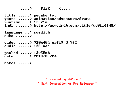 NFO for the release Pocahontas.1995.iNTERNAL.SWEDiSH.BDRip.x264-PiER by PiER
