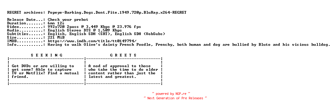 NFO for the release Popeye-Barking.Dogs.Dont.Fite.1949.720p.BluRay.x264-REGRET by REGRET