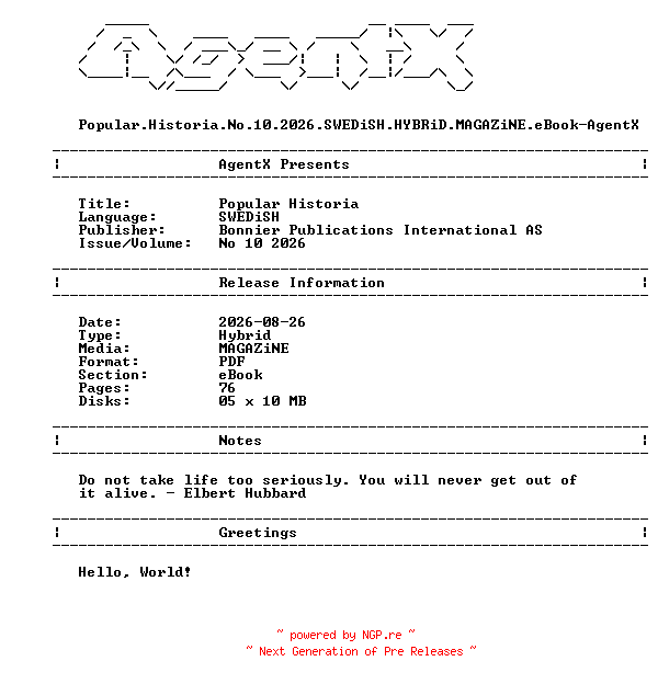 NFO for the release Popular.Historia.No.10.2026.SWEDiSH.HYBRiD.MAGAZiNE.eBook-AgentX by AgentX
