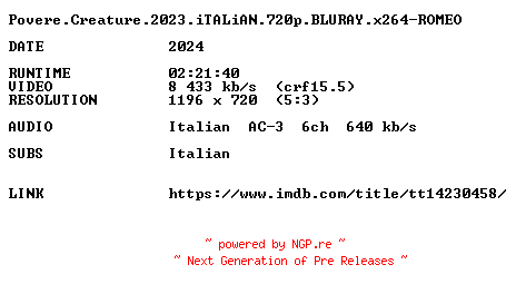 NFO for the release Povere.Creature.2023.iTALiAN.720p.BLURAY.x264-ROMEO by ROMEO