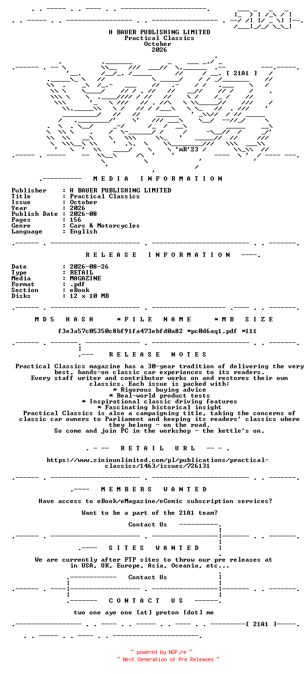 NFO for the release Practical.Classics.October.2026.RETAIL.MAGAZINE.eBook-21A1 by 21A1