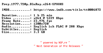 NFO for the release Prey.1977.720p.BluRay.x264-SPOOKS by SPOOKS