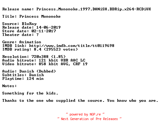 NFO for the release Princess.Mononoke.1997.DANiSH.BDRip.x264-RCDiVX by RCDiVX